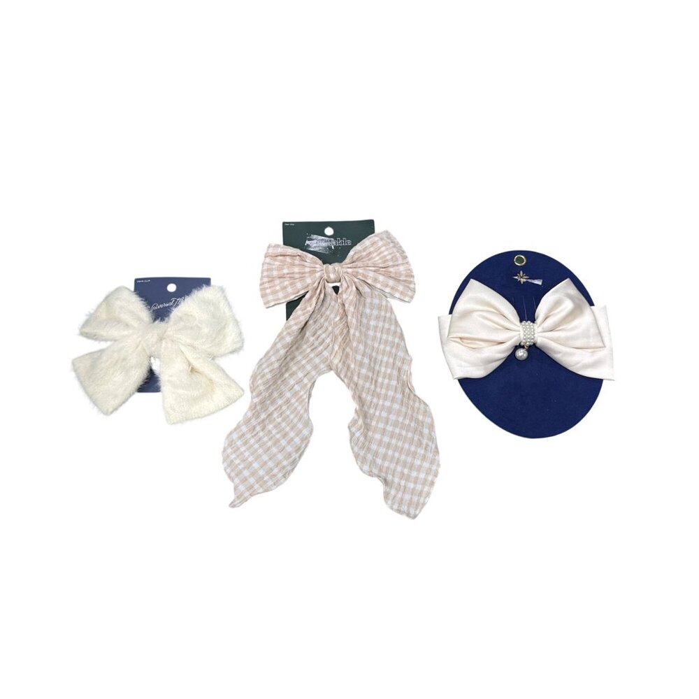 Set Of 3 Women's Hair Clips - Fluffy White Bow, Gingham Beige Bow & Satin White